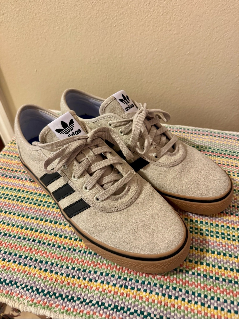 adidas Beige Suede Sneakers with Black Stripes and Gum Sole